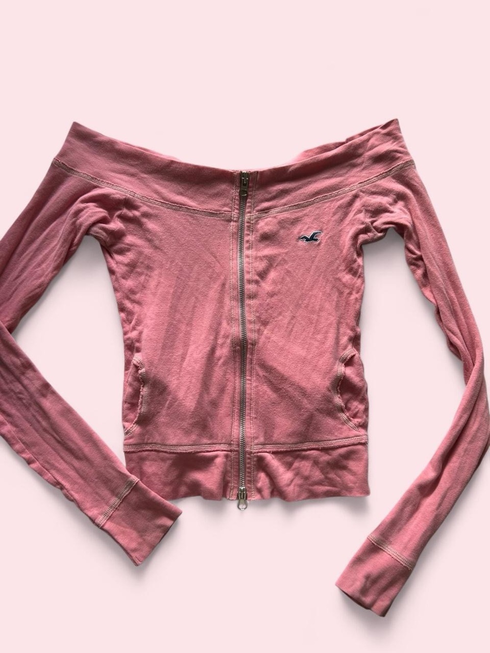 Super Rare Y2K Hollister Pink Off-Shoulder Zip Up Top Size XS